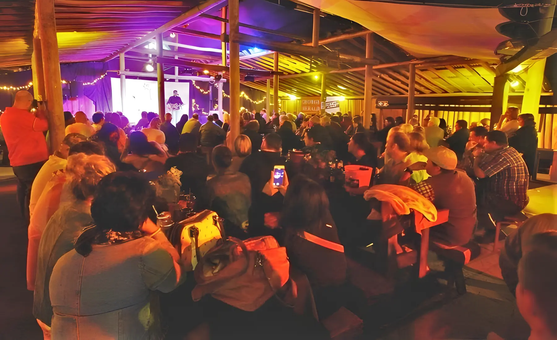 A full lapa watching a show under coloured stage lights and fairy lights
